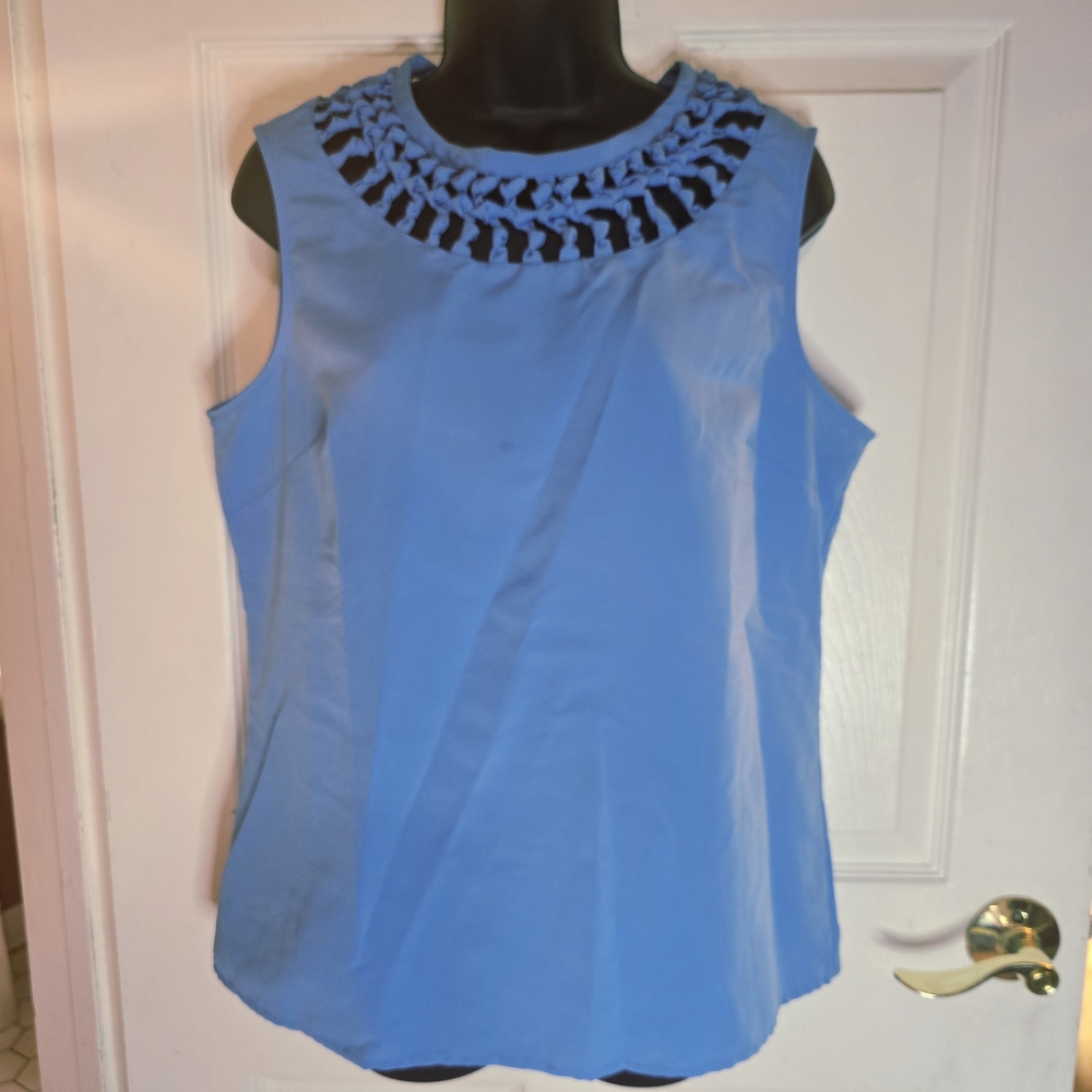 Blue and Black Blouse with Decorative Neckline